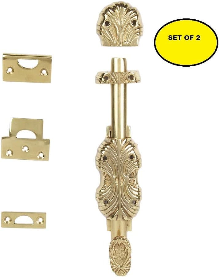 Set of 2, 8 Inch Solid Brass Surface Slide Bolt, Polished Brass Finish