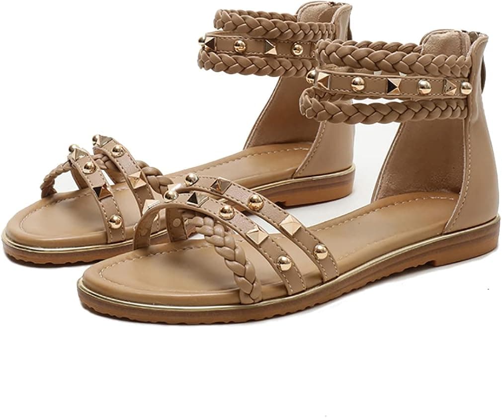 FRALOSHA Flat Sandals for Women Open Toe Summer Dressy Flat Rivet Beach Sandal Ankle Strap Casual Shoes with Zipper