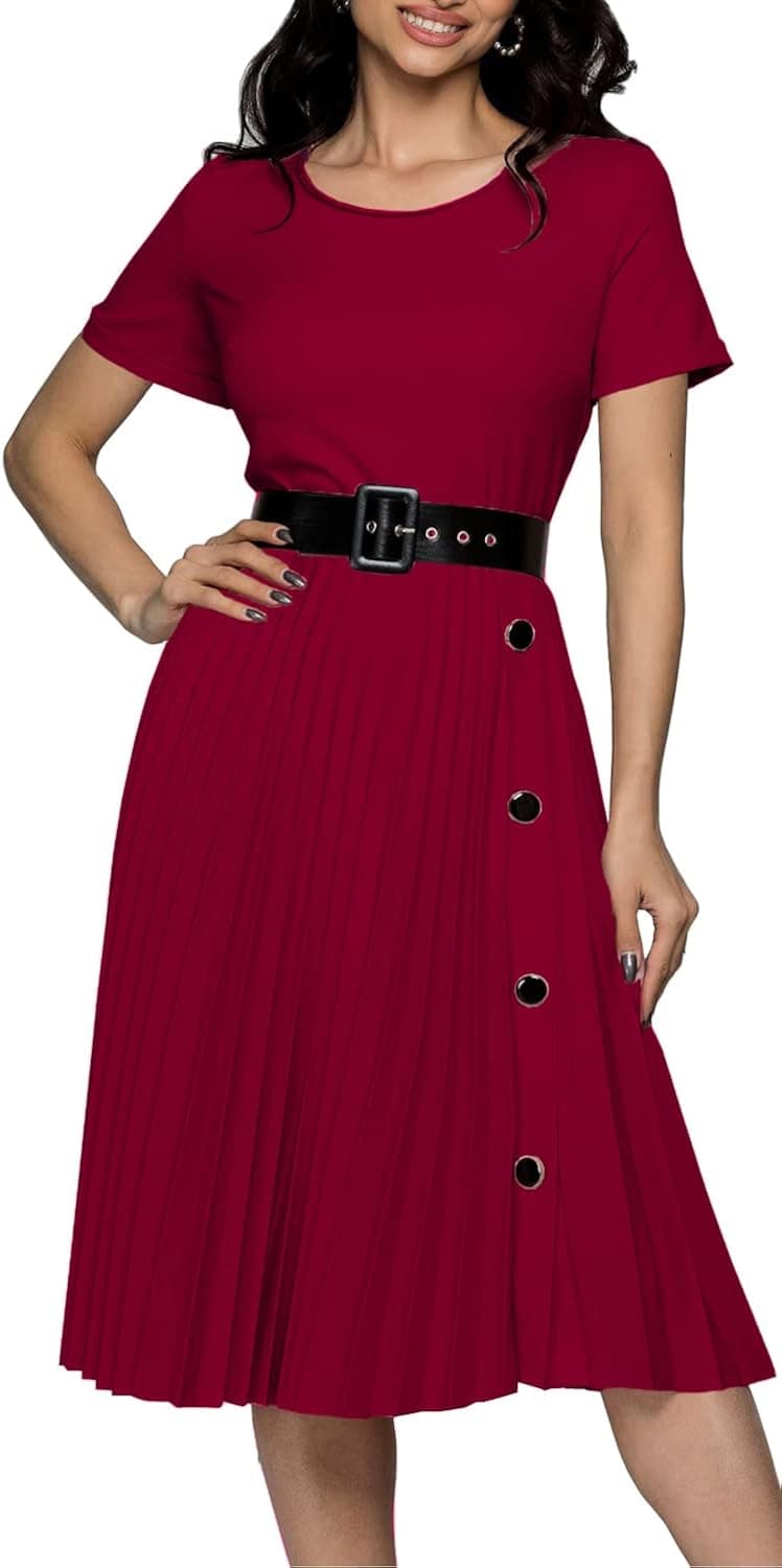 CHICCLOTH Women's Elegant Pleated Button Down Short Sleeve Casual Party A Line Dress