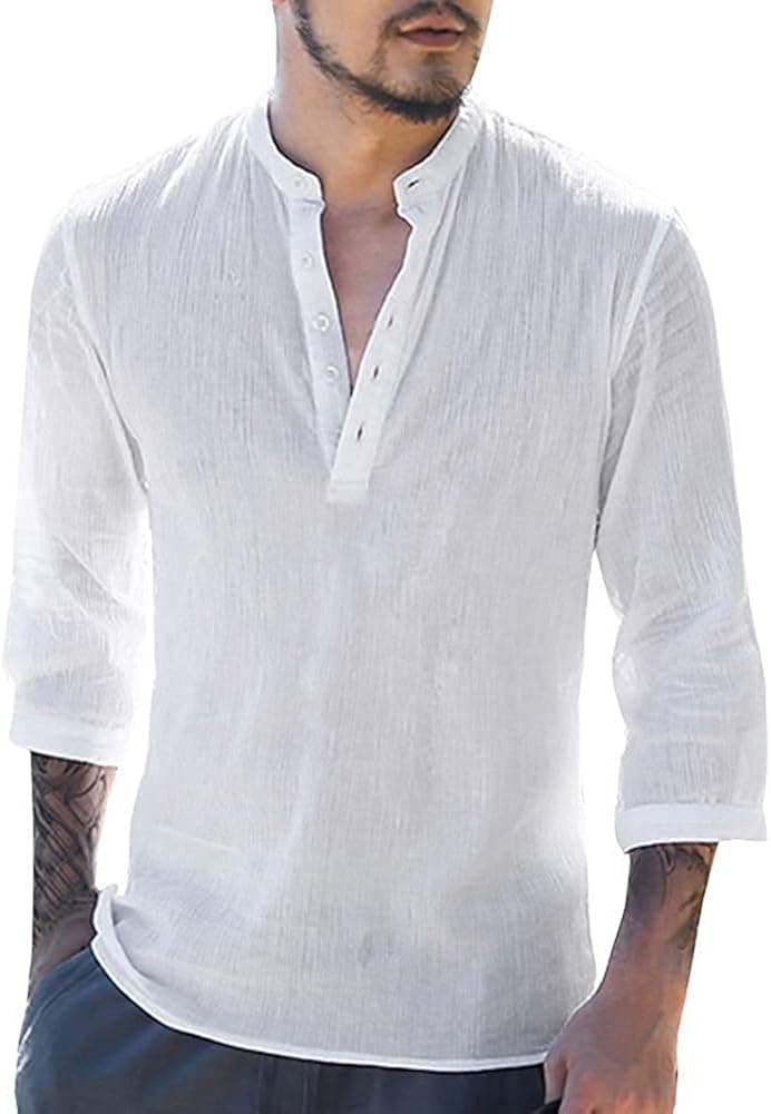 JEKAOYI Mens Cotton Linen Henley Shirts 3/4 Sleeve Beach Yoga Summer Solid T Shirt Tops