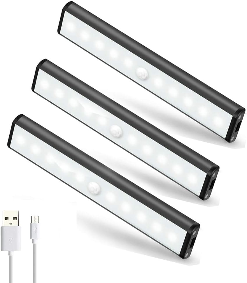ULTRAKENO Under Cabinet Lights, Motion Sensor Closet Light USB Rechargeable 10 LED Night Lights Stick-on Anywhere Portable Light Bar for Closet Cabinet Counter Wardrobe Stairs Kitchen 3 Pack