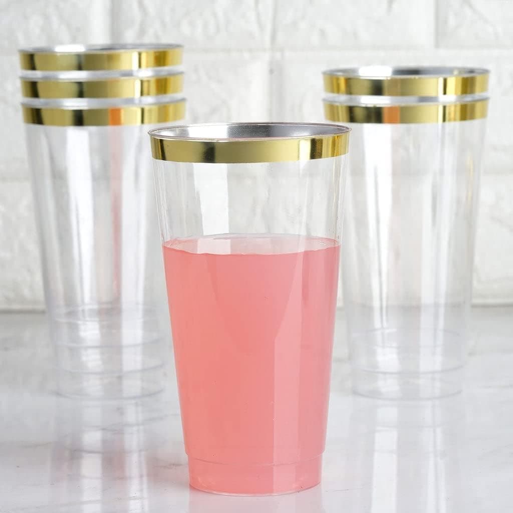 TABLECLOTHSFACTORY 60 Pack 18oz Gold Rimmed Clear Cocktail Disposable Plastic Glasses For Wedding Banquet Party Events