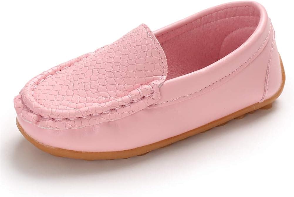 E-FAK Toddler Boys Girls Loafer Shoes Soft Synthetic Leather Slip On Moccasin Flat Boat Dress Shoes(Toddler/Little Kid/Big Kid)(5.5 Toddler,Pink)