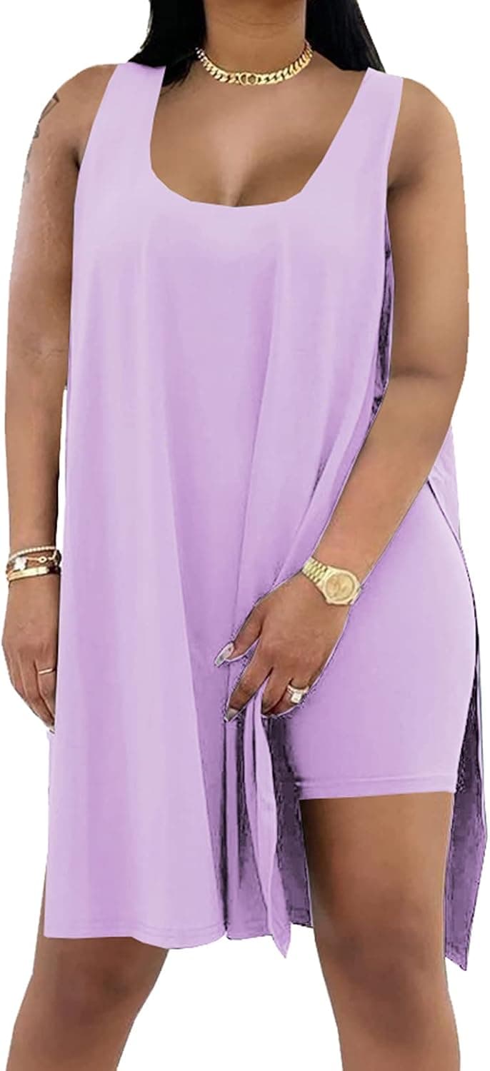 Women Two Piece Outfits Sets Casual High Split Loose Tank Top + Skinny Biker Shorts Tracksuit Set