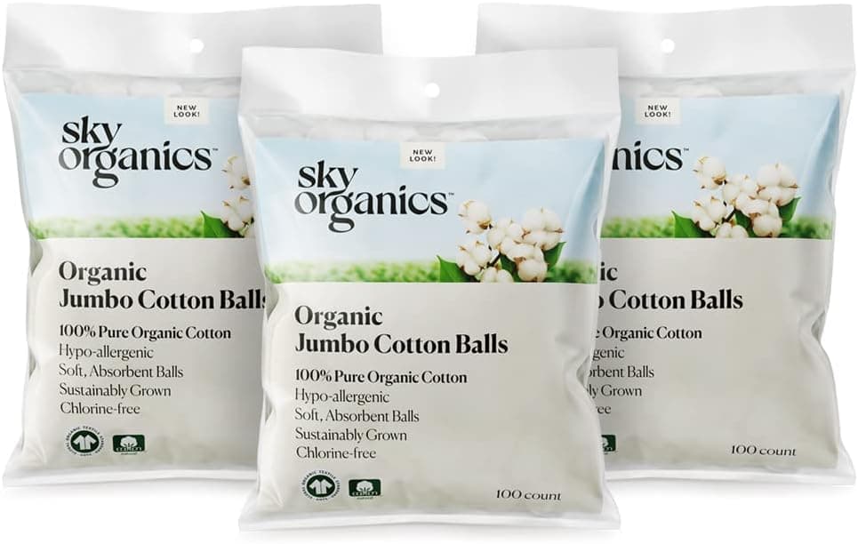 Sky Organics Organic Jumbo Cotton Balls for Sensitive Skin, 100% Pure GOTS Certified Organic for Beauty & Personal Care, 300 ct.
