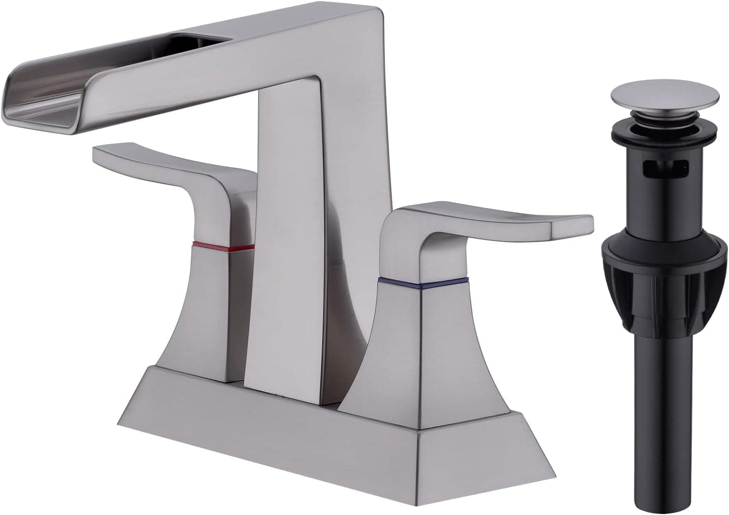 2 Handle Waterfall Bathroom Faucet 4 Inch Centerset Sink Mixer Tap with Overflow Pop Up Drain & cUPC Water Supply Lines, Brushed Nickel
