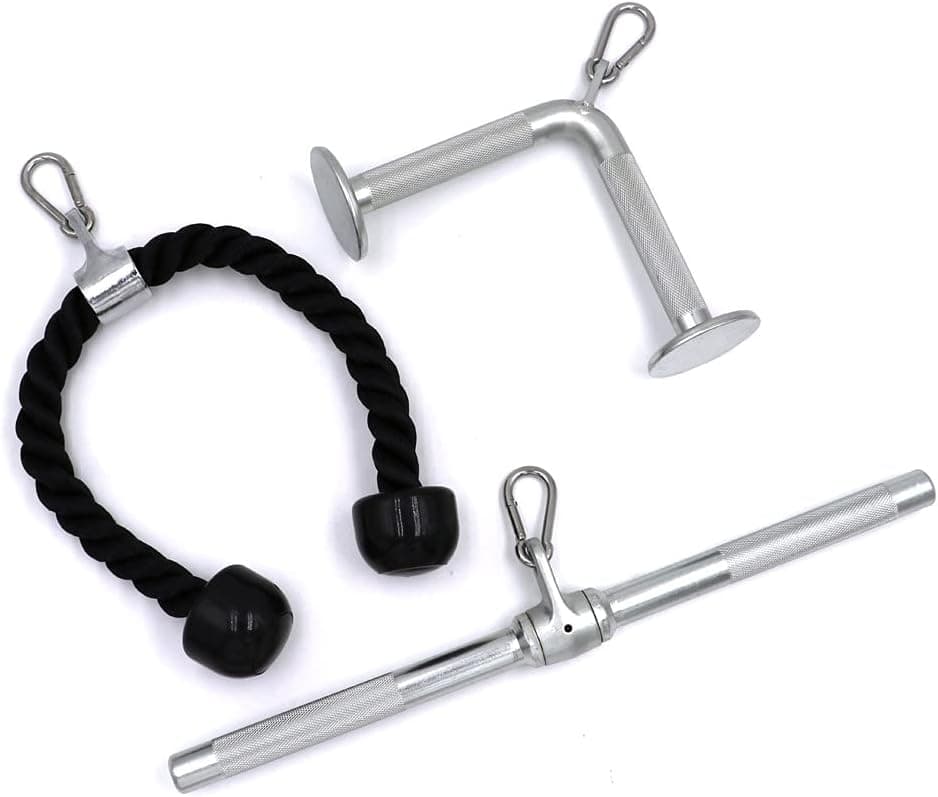 DISENS LAT Pulldown Attachments for Gym Combo: Nylon Tricep Rope, Rotating Straight Bar, V-Shaped Press Down Bar
