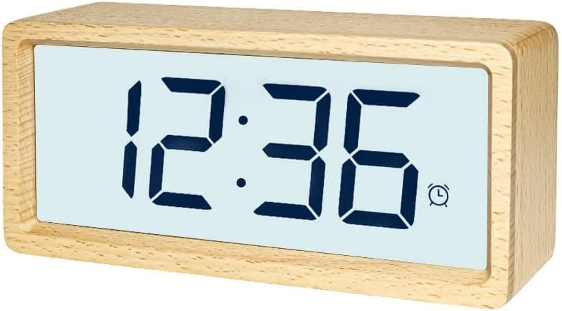 Everwood LCD Battery Operated Wooden Digital Alarm Clock with Nightlight, Snooze, 12/24Hr Switchable, Easy to Use for Bedrooms (Natural)…