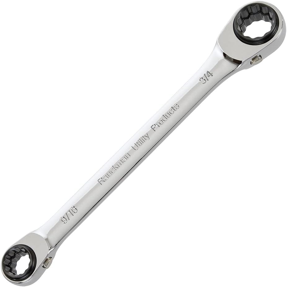 Rauckman Utility Products BugWrench, 4-in-1 Double Ended Ratcheting Box Wrench - 1/2"& 9/16" x 5/8"& 3/4" - Lineman Wrench