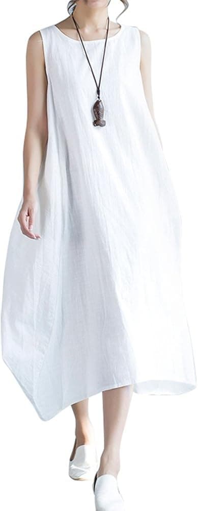 IDEALSANXUN Women’s A-line Sleeveless Cotton Linen Loose Long Dress