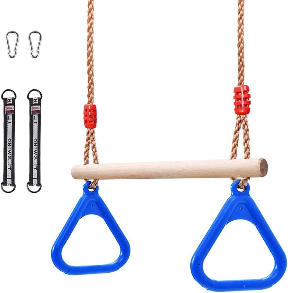 Children Trapeze Swing Bar with Rings, Swing Set Accessories Outdoor, Indoor Gym Swingset, Wooden Playset with Plastic Rings for Kids with Adjustable Rope, Connection Buckles, Hanging Straps