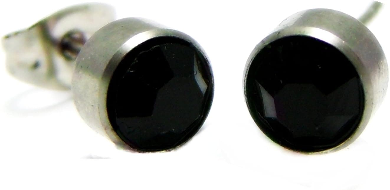 6MM Bezel Set Simulated Onyx Black Swarovski Crystal Elements Stud Earrings, Hypoallergenic 316L Stainless Steel Posts