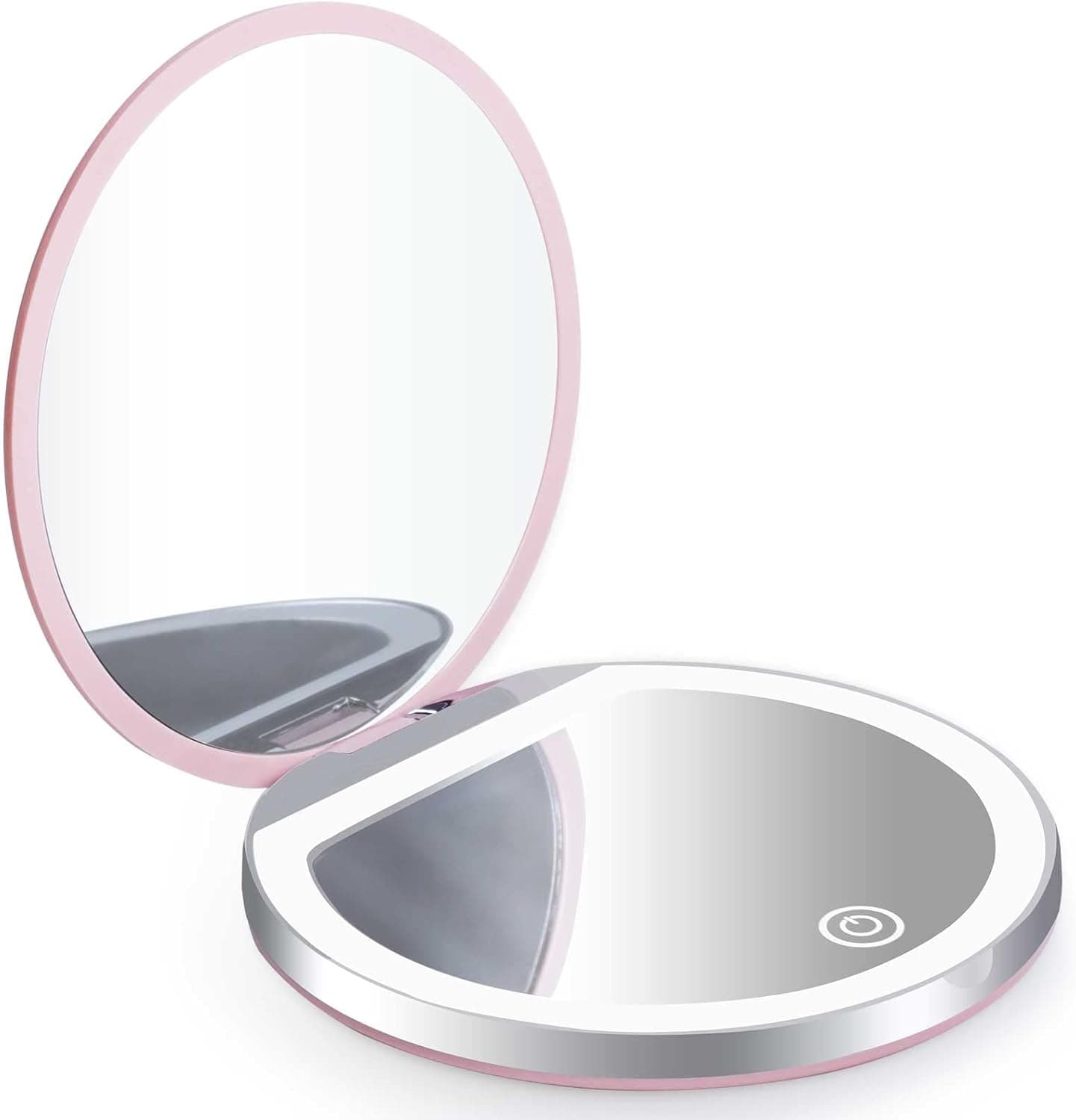 LED Lighted Makeup Mirror, 1X/10X Magnification Compact Mirror with Lights, Mother Gift Portable Vanity Mirror with Lights for Women, Gifts for Mom, 3.5" Handheld 2-Sided Folding Mirror, Round, Pink
