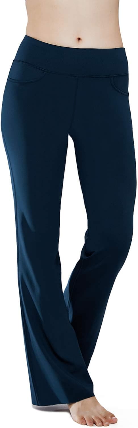 HISKYWIN 28"/30"/32"/34" Inseam Petite/Regular/Tall Length Womens Bootcut Yoga Pants, 4 Pockets Non See-Through Bootleg Workout Flare Pants Dark Blue-M