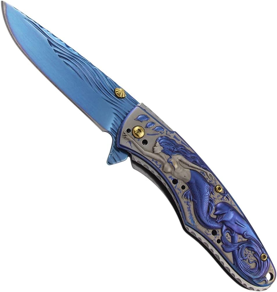 Mermaid Fold Knife,Ideal For Camping Hiking Fishing and Gift , Titanium
