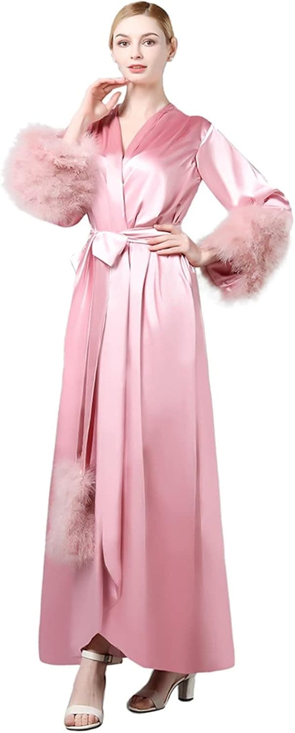 BATHGOWN Women's Robe Fur Nightgown Bathrobe Sleepwear Feather Bridal Robe with Belt