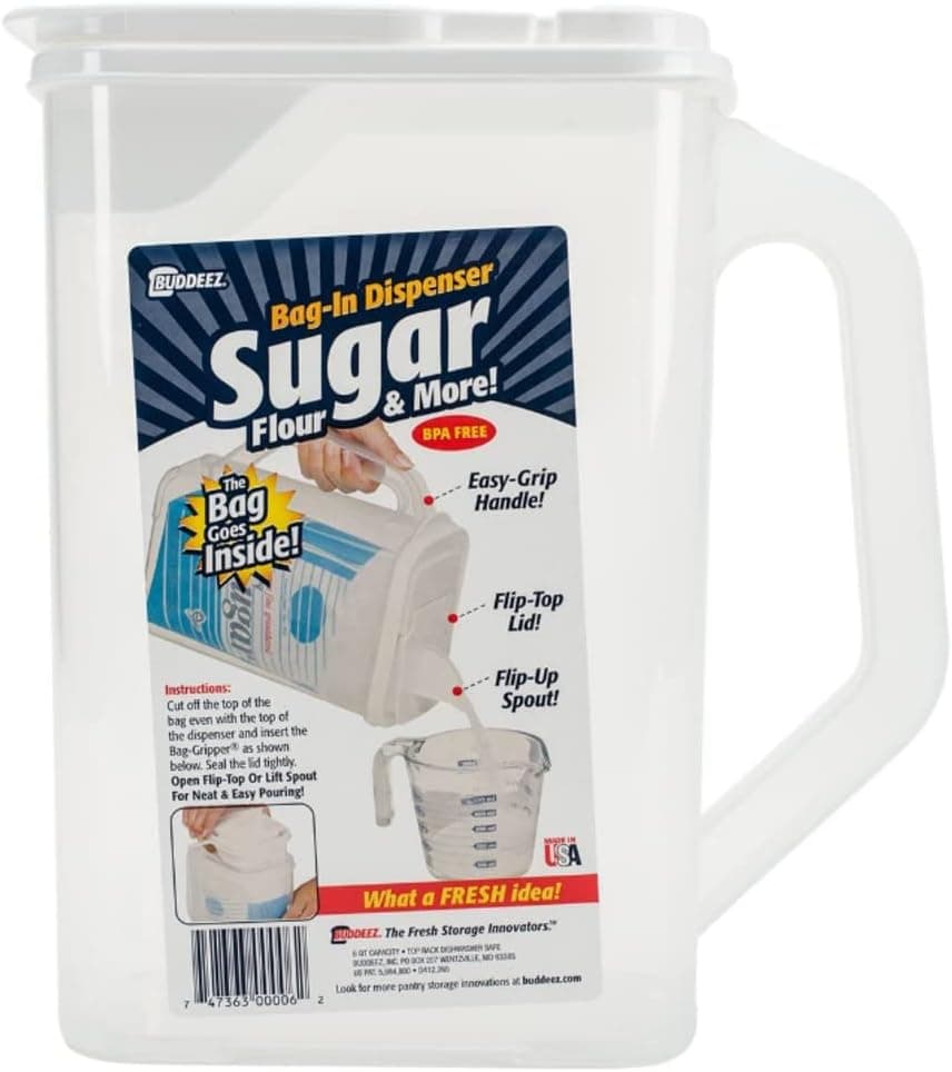 Buddeez Flour and Sugar Container - 4 Quart All Purpose Kitchen Organization and Storage Unit, Dry Storage Container For Kitchen, Large Food Storage Container for Organizing Your Pantry (White Lid)
