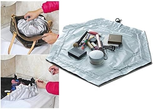 Makeup travel bag for cosmetics. Cinch up cosmetics mat.