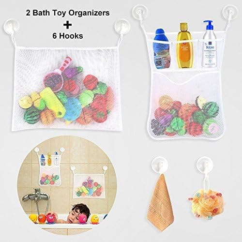ELECOOL Bath Toy Organizer 2 Packs + Suction Cup Hooks 6 Packs, Bathtub Toys Organizer Mesh Storage Bags with Hooks to Hang Baby Kids Toys & Bathroom / Shower Room Stuff