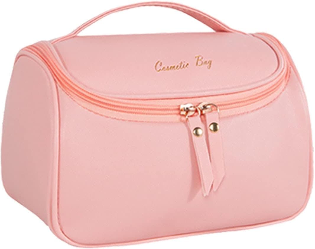 MORECON Large Capacity PU Leather Makeup Bag - Travel Portable Waterproof Cosmetic Bags Multifunction Storage Pouch Brushes Holder Beauty Zipper Organizer Toiletry Bag for Women and Girls (A-Pink)