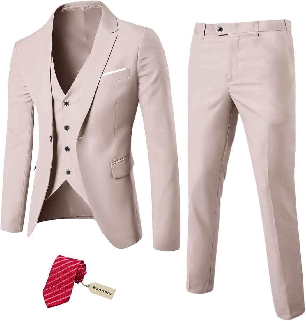 MYS Men's 3 Piece Slim Fit Suit Set, One Button Solid Jacket Vest Pants with Tie Natural White