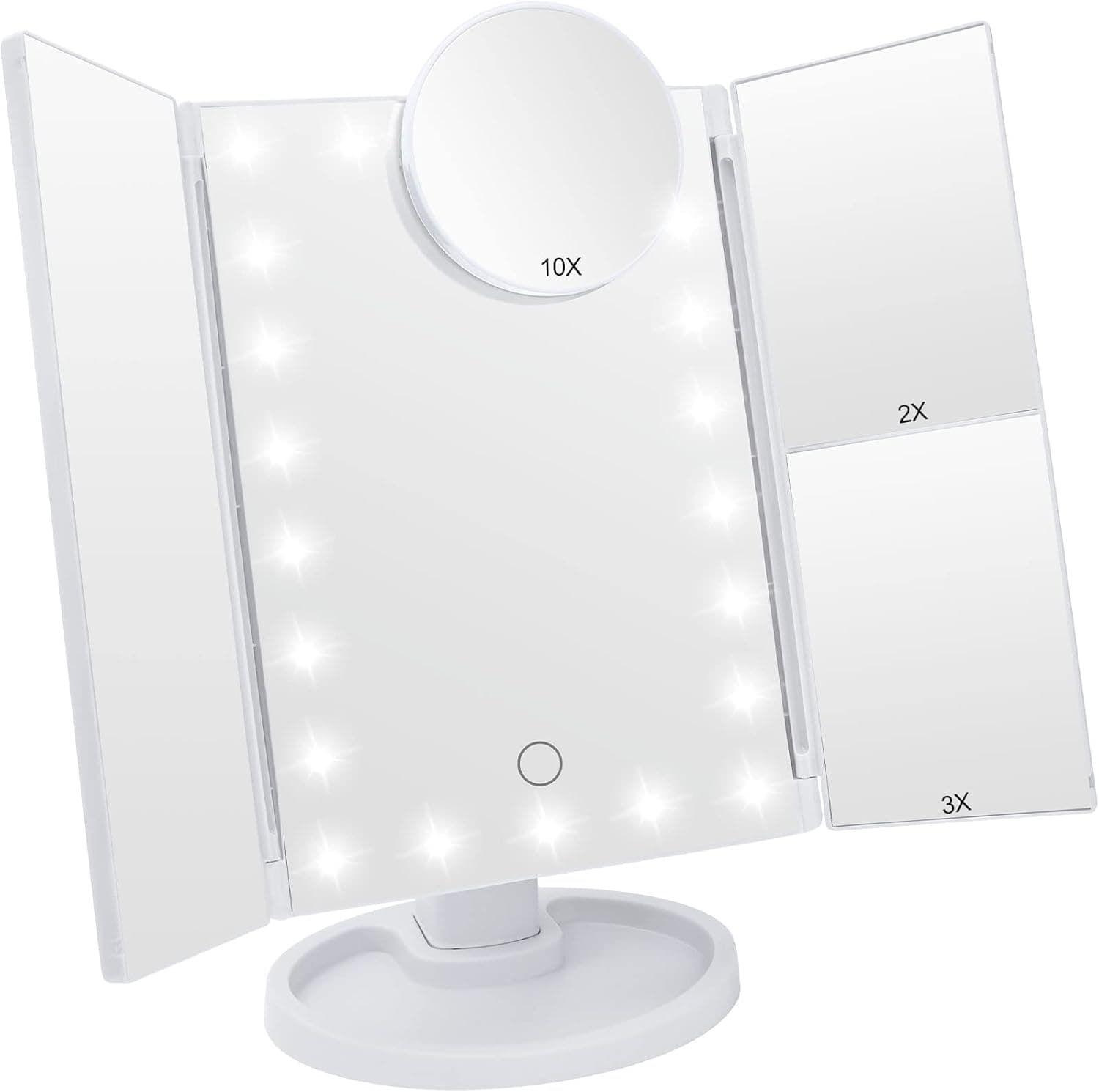 Trifold Lighted Makeup Mirror with Lights Lighted Trifold Vanity Mirror with 3X 2X Magnifications 180 Degree Rotation Travel Mirror Dual Power Supply Beauty Mirror with 10X Small Round Mirror (White)