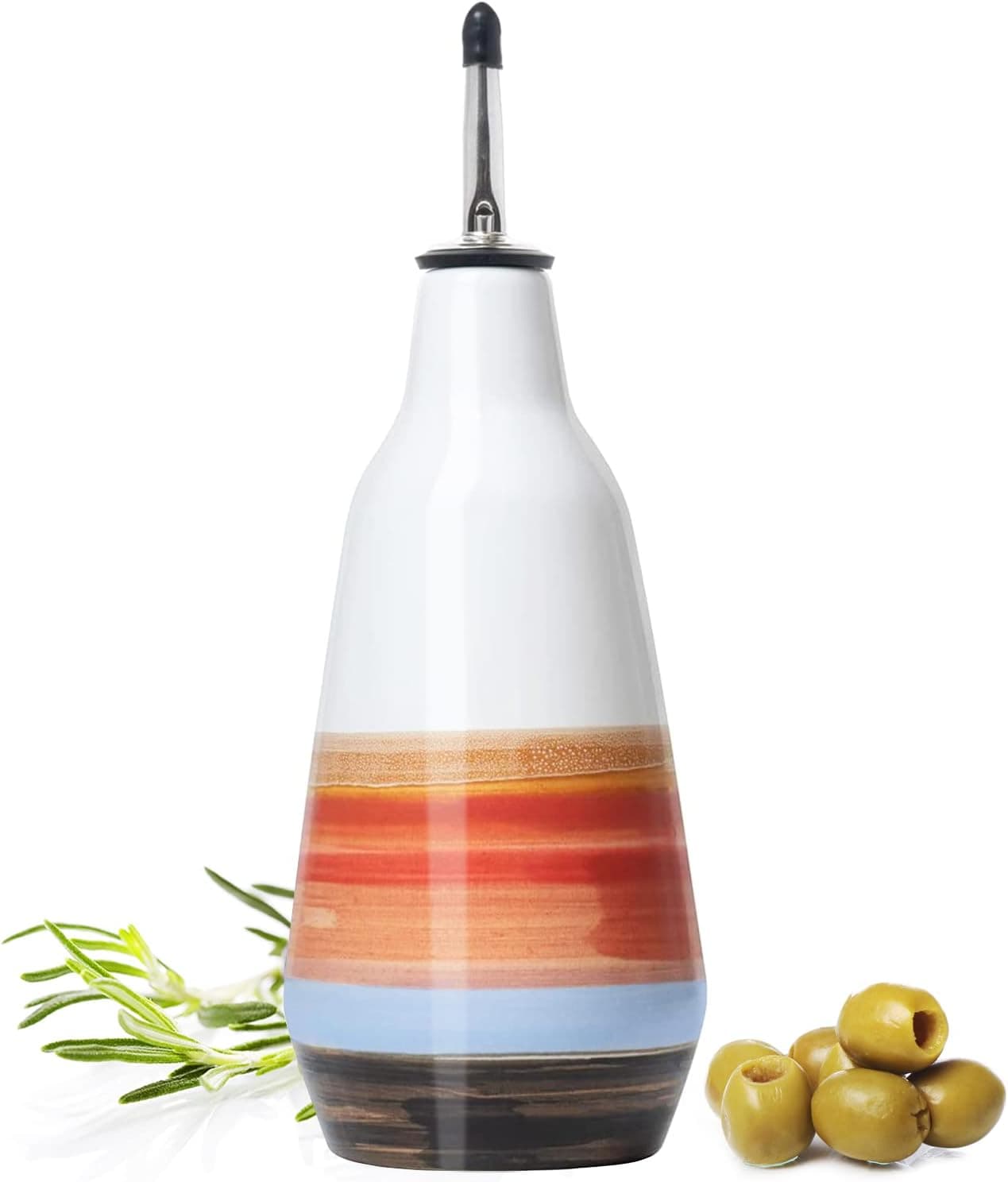 GUTE Cruet Ceramic Olive Oil Dispenser Bottle - Perfect Home Decor Gift - 400ml Vinegar Cruet Bottle with Pourers - Multicolored Olive Oil Carafe for Kitchen - Cruet for Vinegar and Oil 9" H 3" W