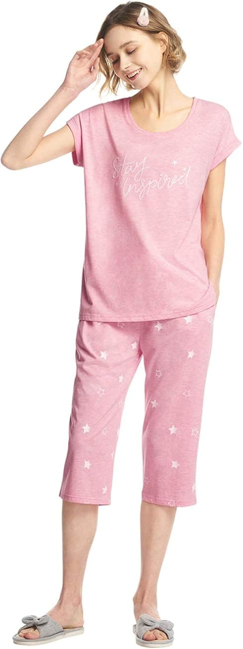 SANQIANG Women's Cute Bird Pattern Pajamas Set Cotton Sleepwear Soft Pj Set (US Size XS (Tag Reads M), Pink Grey)