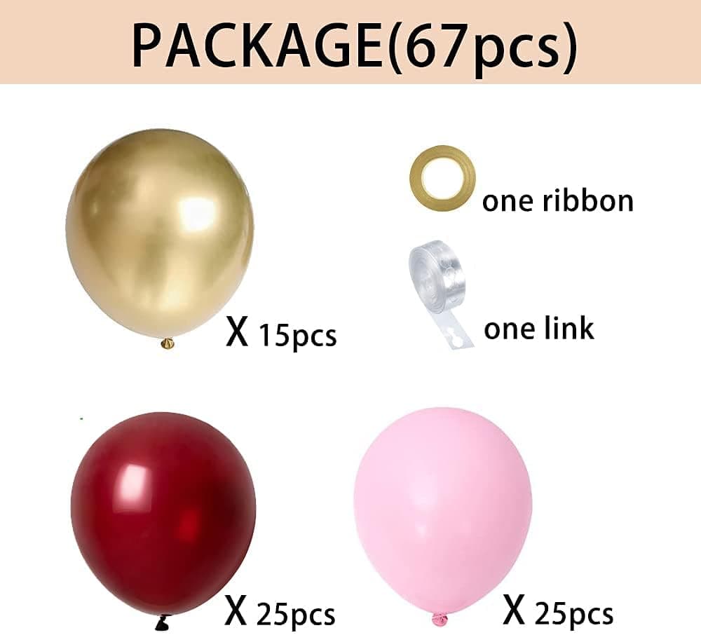 Burgundy and baby pink Balloons Garland 67 pcs with Metallic Gold Balloons kit for Anniversary Birthday Christmas Graduation or Friend & Family Party Decorations.