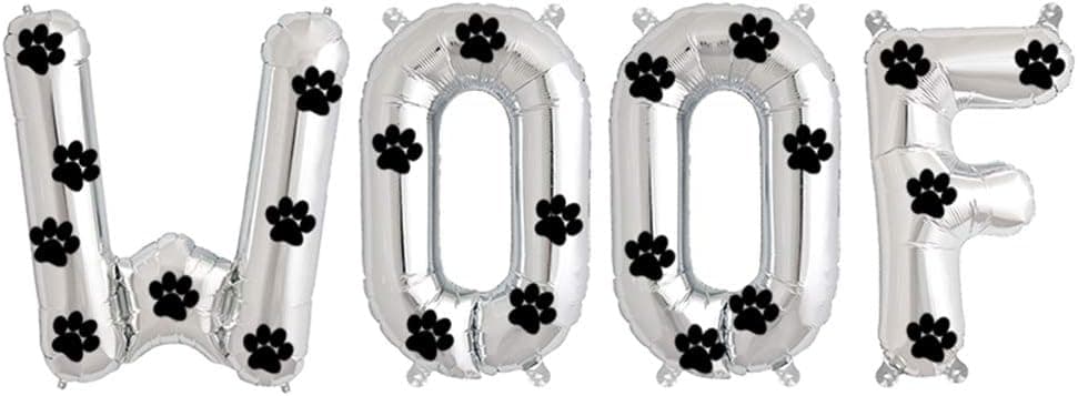 Tellpet Dog Birthday Party Decorations WOOF Balloons with Footprint Stickers, Silver, 16 Inch