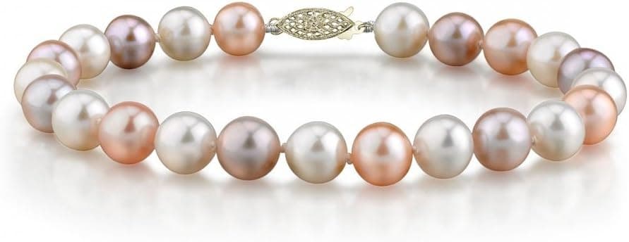 The Pearl Source 14K Gold 7-8mm AAAA Quality Round Multicolor Freshwater Cultured Pearl Bracelet for Women