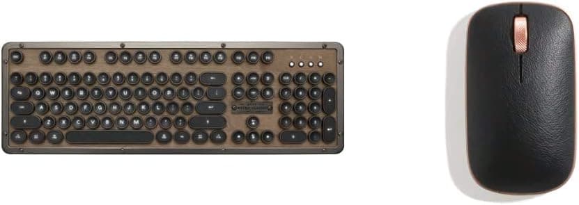 Azio Retro Classic Bluetooth (Elwood) - Wireless/USB Wired Walnut Wood Vintage Backlit Mechanical Keyboard for PC/Mac, Walnut Wood (MK-RETRO-W-01B-US) & RM-RCM-L-03 Retro Classic Mouse (Artisan)