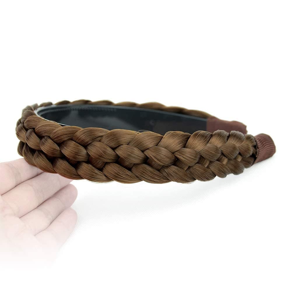 DIGUAN Headband Synthetic Hair Plaited Headband Braid Braided With Teeth Hair Band Accessories for Women Girl Width 1 Inch (W-Medium Brown)