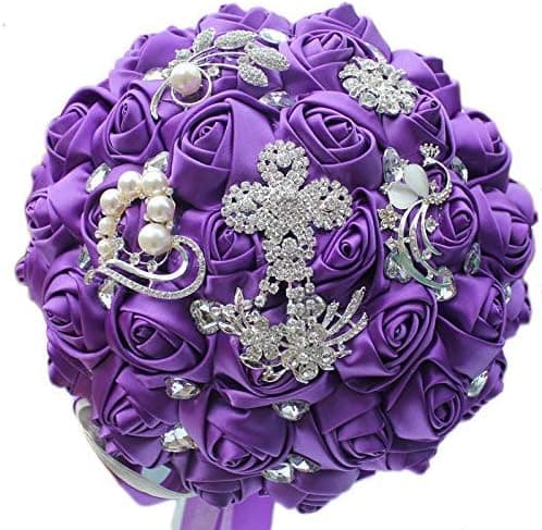 Luxury Purple Color Tassels Diamond Wedding Bridal Bouquet Crystal Brooch Wedding Bouquet Silk Rose Artificial Flower W-235 (Purple)