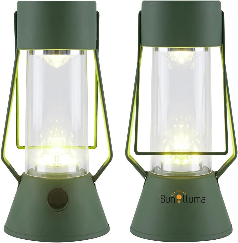 SUNILLUMA Camping Lantern for Decoration - 2 Packs 9.5"H Metal LED Lantern, Dimmer Switch, Dark Green Color, Tabletop and Hanging, Great for Decoration and Atmosphere,but not a Light for Emergency Use