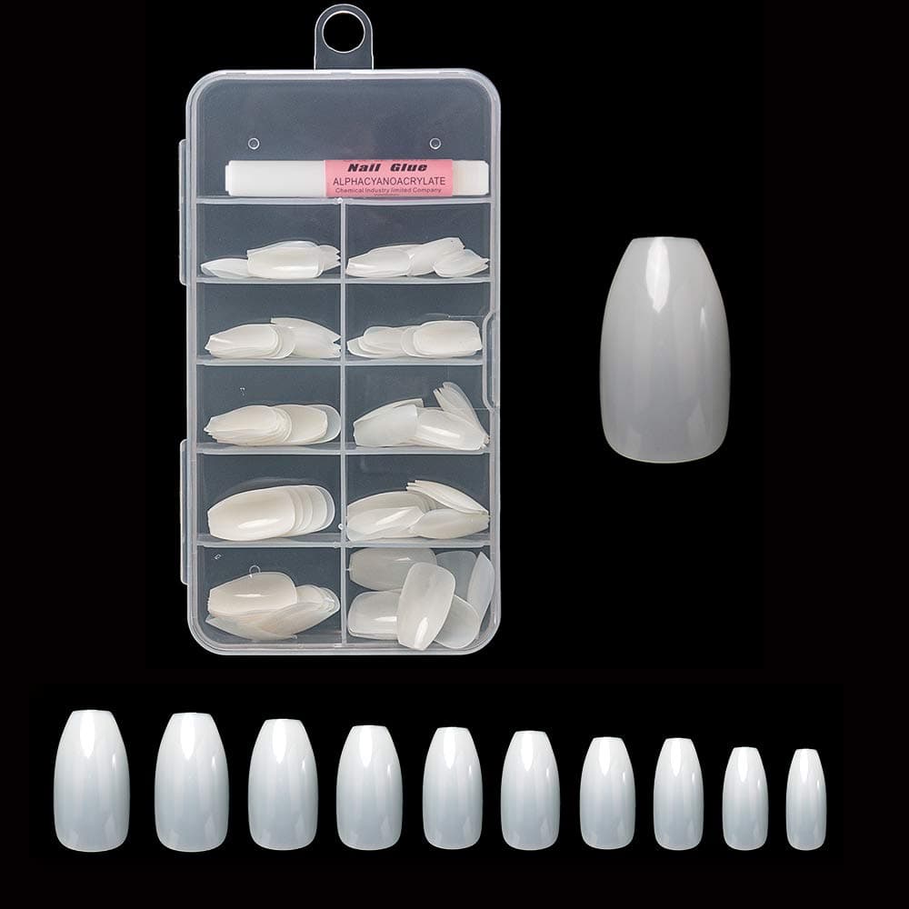 AORAEM Coffin Fake Nails Tips 100Pcs Short Acrylic False Nail Full Cover Natural Artificial Ballerina Nails with Nail Glue and Box (N-DBL)