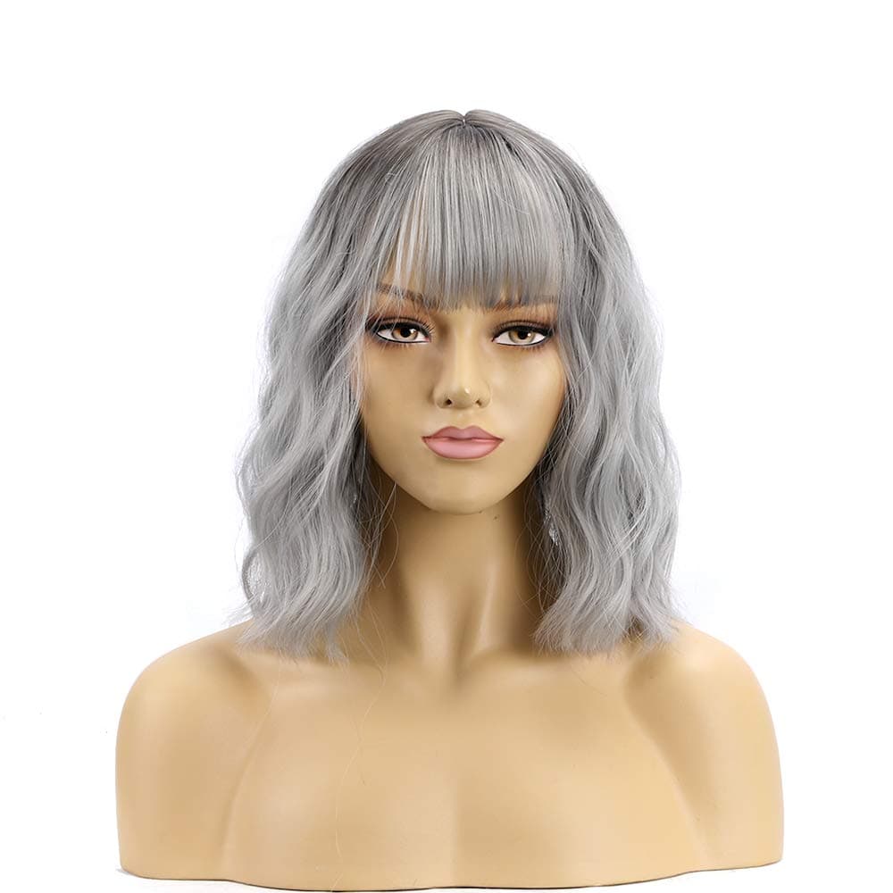 BLSWANER Short Curly Bob Wavy Wigs Synthetic Full Hair Wig for Women Heat Resistant Natural Looking (Ombre Silver)