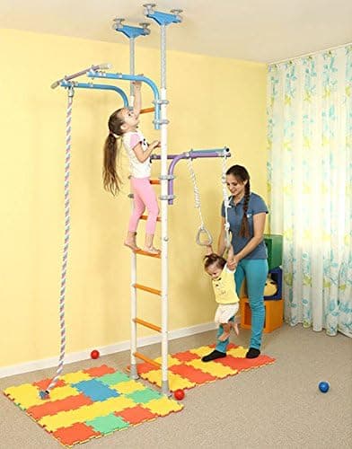 Kids Playground Play Set for Floor & Ceiling / Family Indoor Training Gym Sport Set with Accessories Equipment: Climber, Climbing Rope and Gymnastic Rings / For School, Playroom / WALLBARZ Transformer