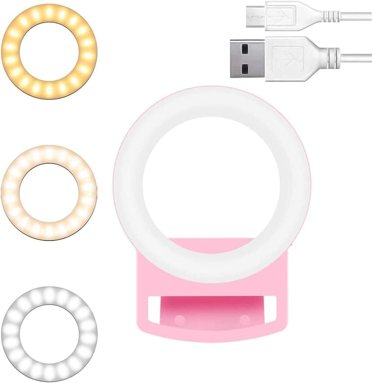 AiTURE Upgraded Clip On Selfie Ring Light with 56 LED Circles and Makeup Mirror, 3 Light Modes Adjustable and Rechargeable, for Photo Smartphone Android iPad Laptop Camera Circle (Pink)