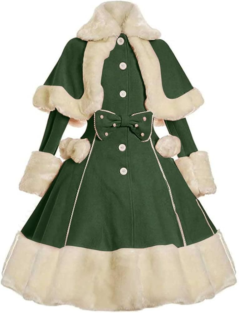 Women's Vintage Winter Fur Warm Coat Dress Shawl Collar Bowknot Warm Coat with Pocket