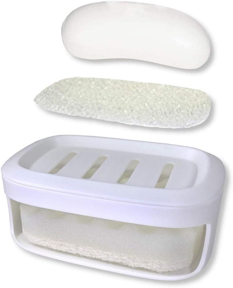 kiasona Soap Dish Holder with Draining Tray & Sponge Saver/Strong Adhesive Wall Mounted,No Drilling Perfect for Bathroom,Shower,Kitchen,Double Layer Soap container,No Mushy Or Soggy Soap,NO Leak/white