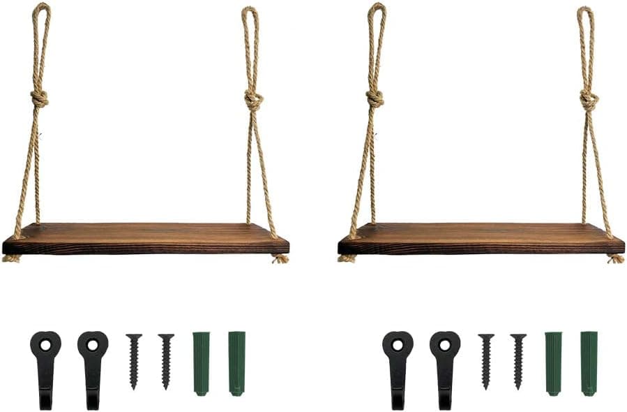 Plant Shelf Indoor, Hanging Shelf for Bathroom, Kitchen and Bedroom, Jute Rope Organizer Rack, Rustic Wood Floating Shelf for Farmhouse Home Decor