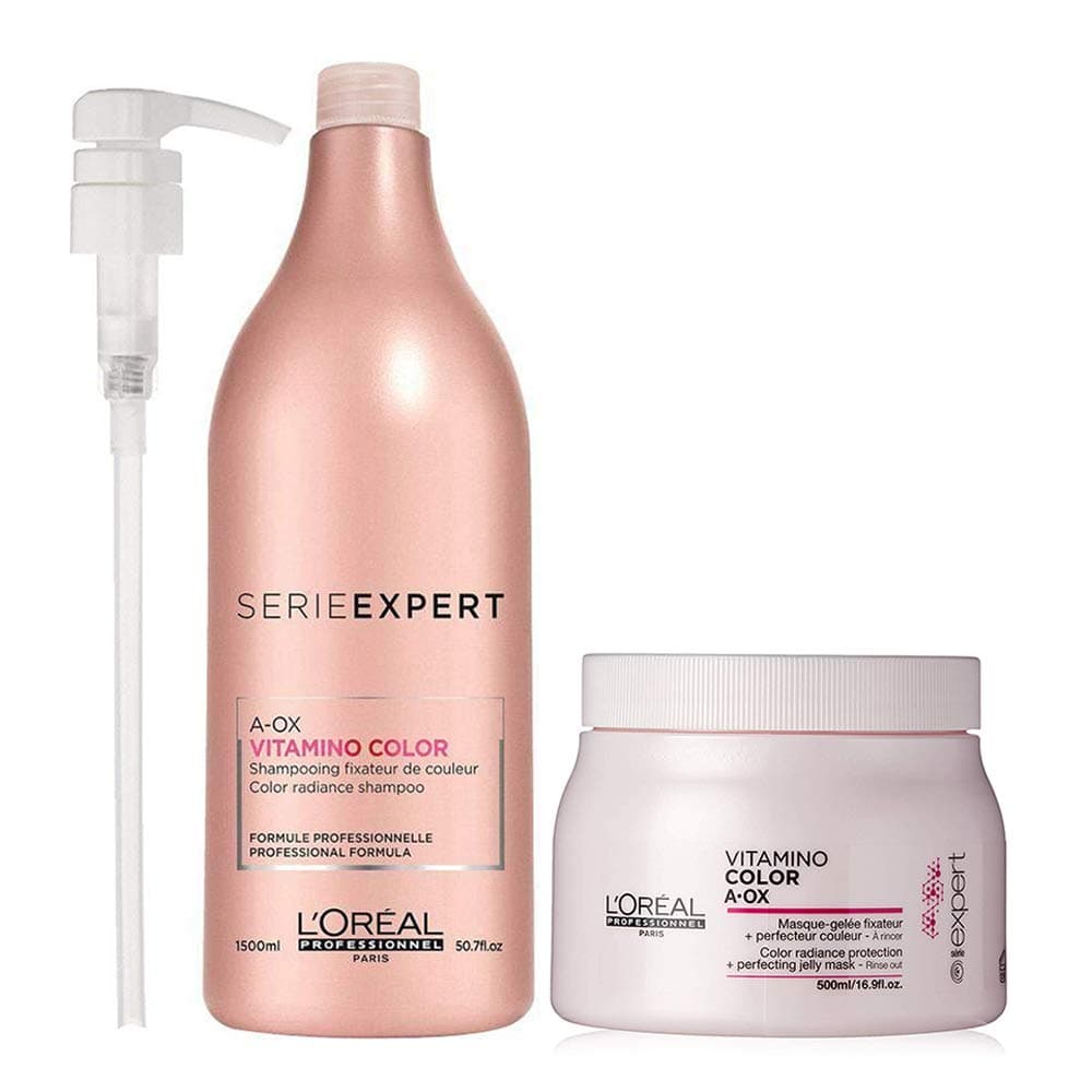 Serie Expert Vitamino Color A-ox Shampoo 50.7 Oz & Masque 16.9 Oz With Pump and Beautify Comb