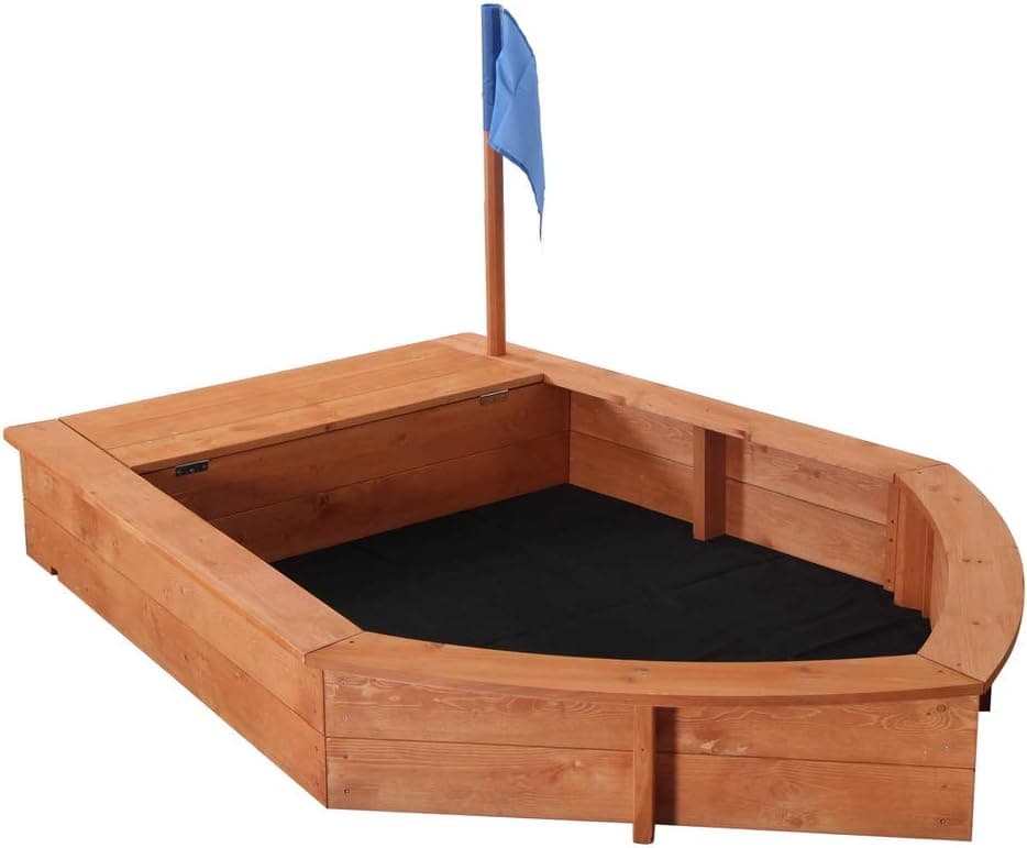 Wooden Boat Sandbox for Kids, Children Pirate Sandboat Playset w/ Flag, Outdoor Playset with Storage Space for Backyard, Home, Lawn, Garden