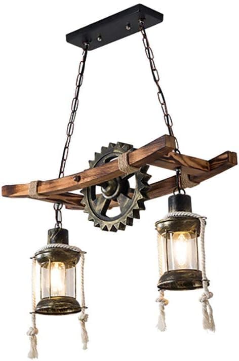 OUKANING 2-Lights Pendant Lights Retro Rustic Chandelier Industrial Wooden Cylindrical Shade Pendant Lighting Indoor Ceiling Hanging Light for Dining Living Room Kitchen Hallway Bar