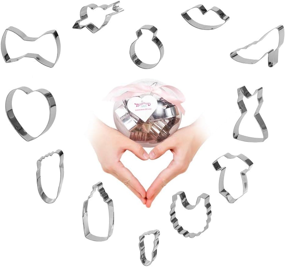 Beyond 280 Wedding Valentine Baby Shower Stainless Steel Cookie Biscuit Cutters Set, 12 Cute Shapes Heart, Dress, Lip for Baking and Party