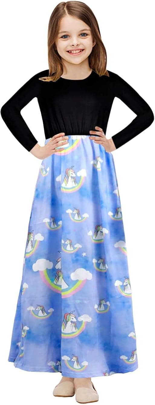 HMBEIXYP Girls Long Sleeve Floral Print Loose Casual Long Maxi Dress with Pockets