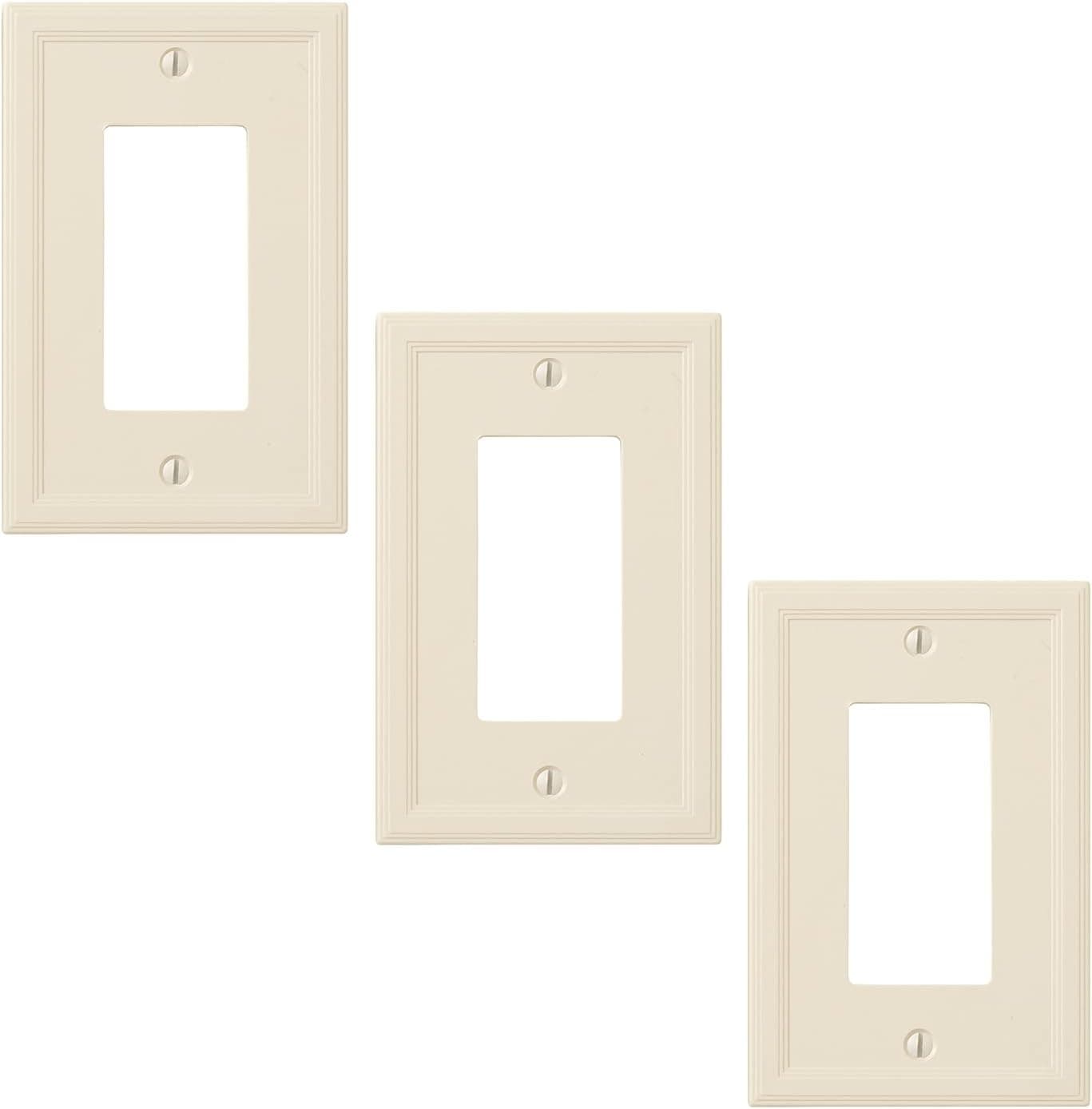 Questech Décor Single Rocker Insulated Light Switch Cover, 1-Gang Electrical Wall Plate, Single Switch Decorator Standard Size GFCI Receptacle Cover, Decorative Cornice Design, Almond, 3 Pack
