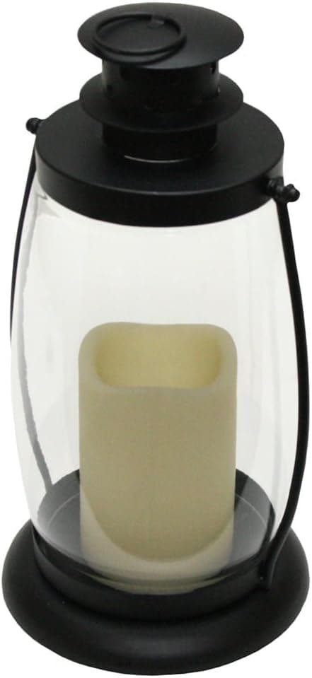 Gerson Everlasting Glow 38537 Battery Operated Metal and Glass Lantern with 3" by 4.5" Flameless LED Resin Candle, 6.3" by 12", Black