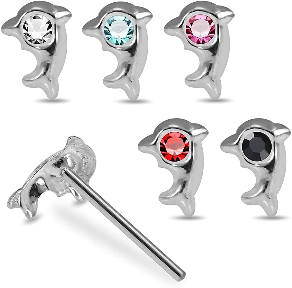 Pack of 5 Pieces Mix Color Jeweled Dolphin 925 Sterling Silver 20Gx5/16 (0.8x8MM) Straight End Nose Pin